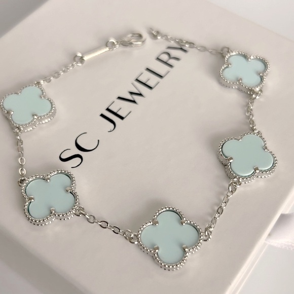 Sky Blue Clover Bracelet Double Sided Silver Color Chain Platinum Plated - Picture 1 of 9